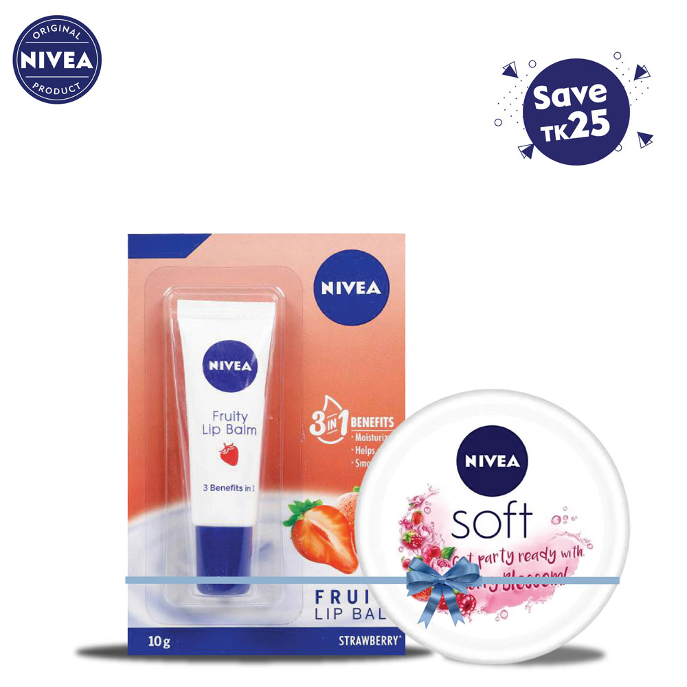 NIVEA Soft Cream Berry Blossom 25ml Lip Balm Fruity 10gm Combo Shajgoj