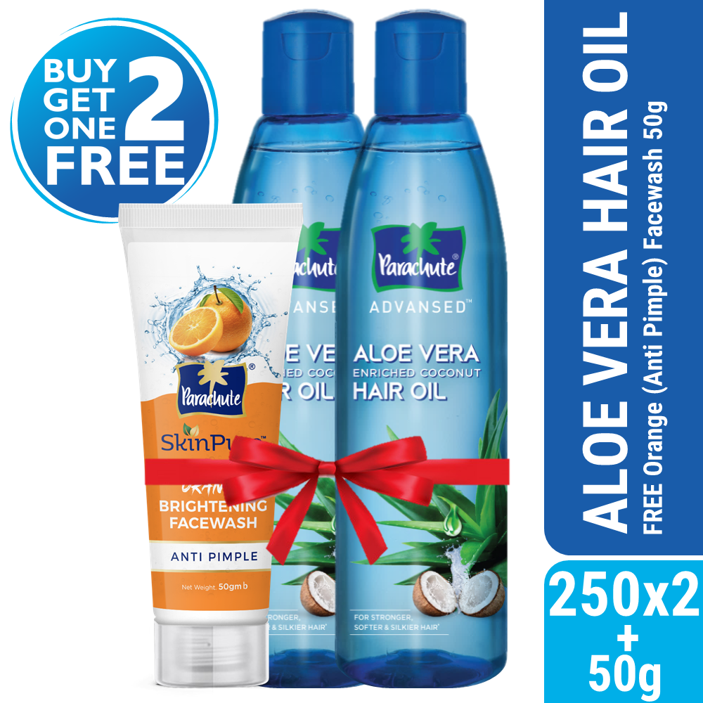 Buy One Parachute Hair Oil Advansed Aloe Vera Enriched Coconut 250Ml Double  Pack Get One Orange Facewash – Anti Pimple – 50Gm Free – Shajgoj