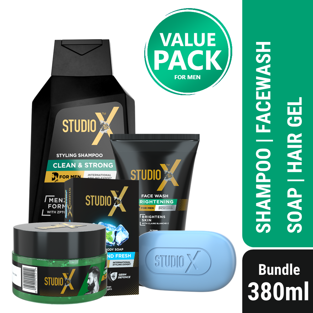 Studio X Men's Grooming Bundle Pack (Small) – Shampoo 175ml + Facewash 50ml  + Soap 75g + Hair Gel 50ml – Shajgoj